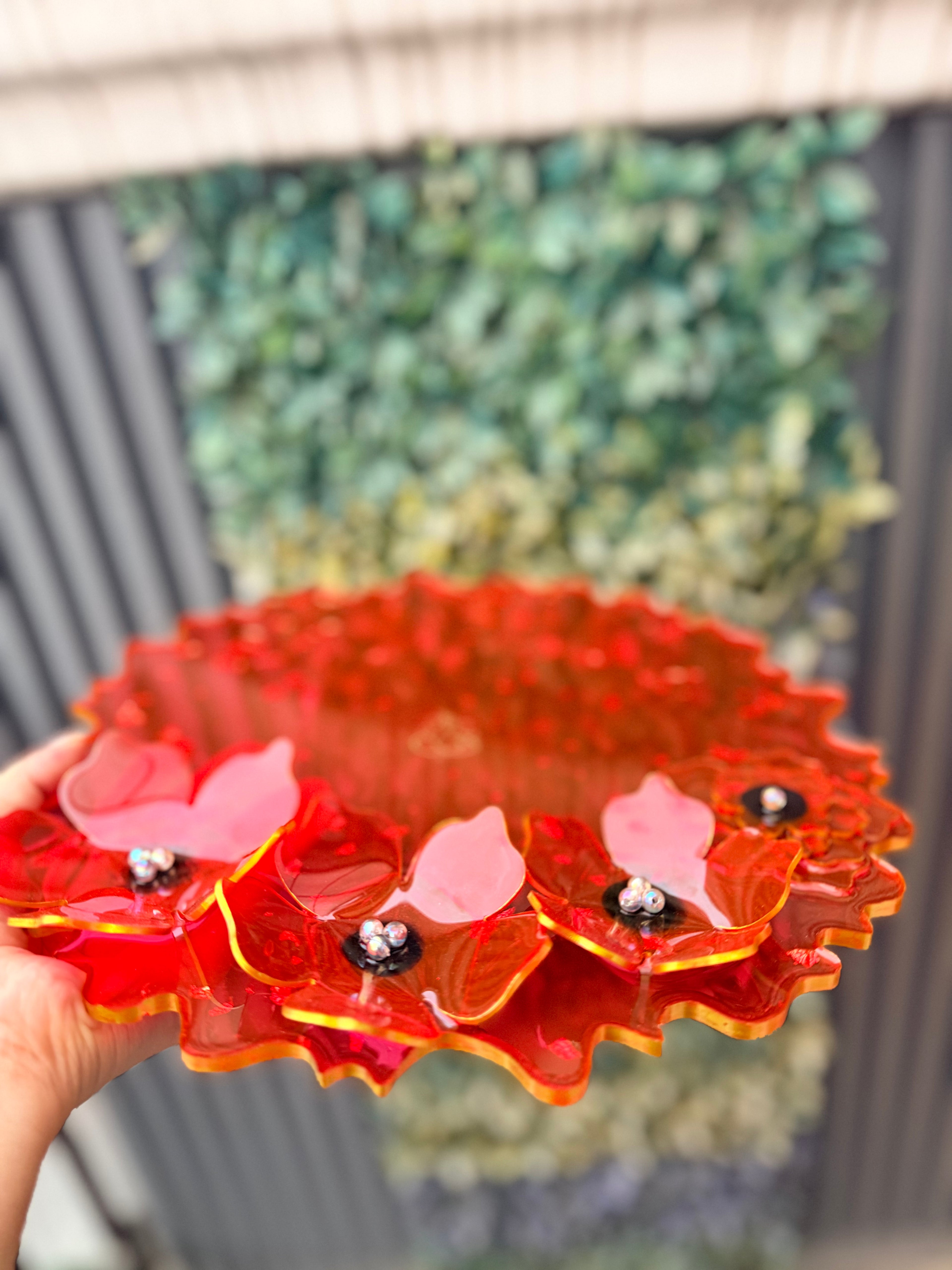 Red Resin Pooja plate with 3-D flowers
