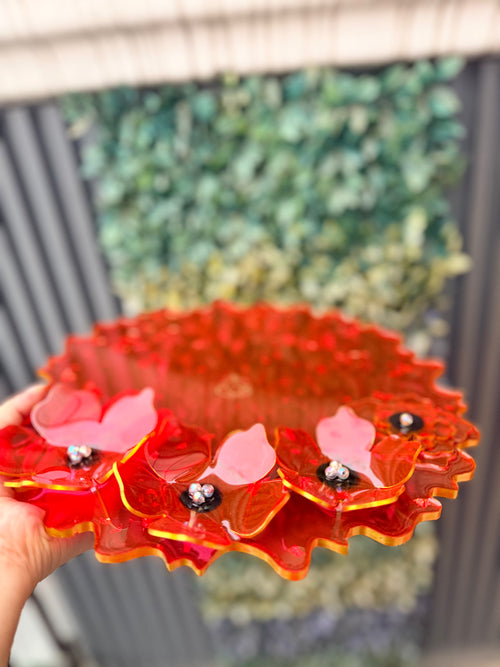 Red Resin Pooja plate with 3-D flowers