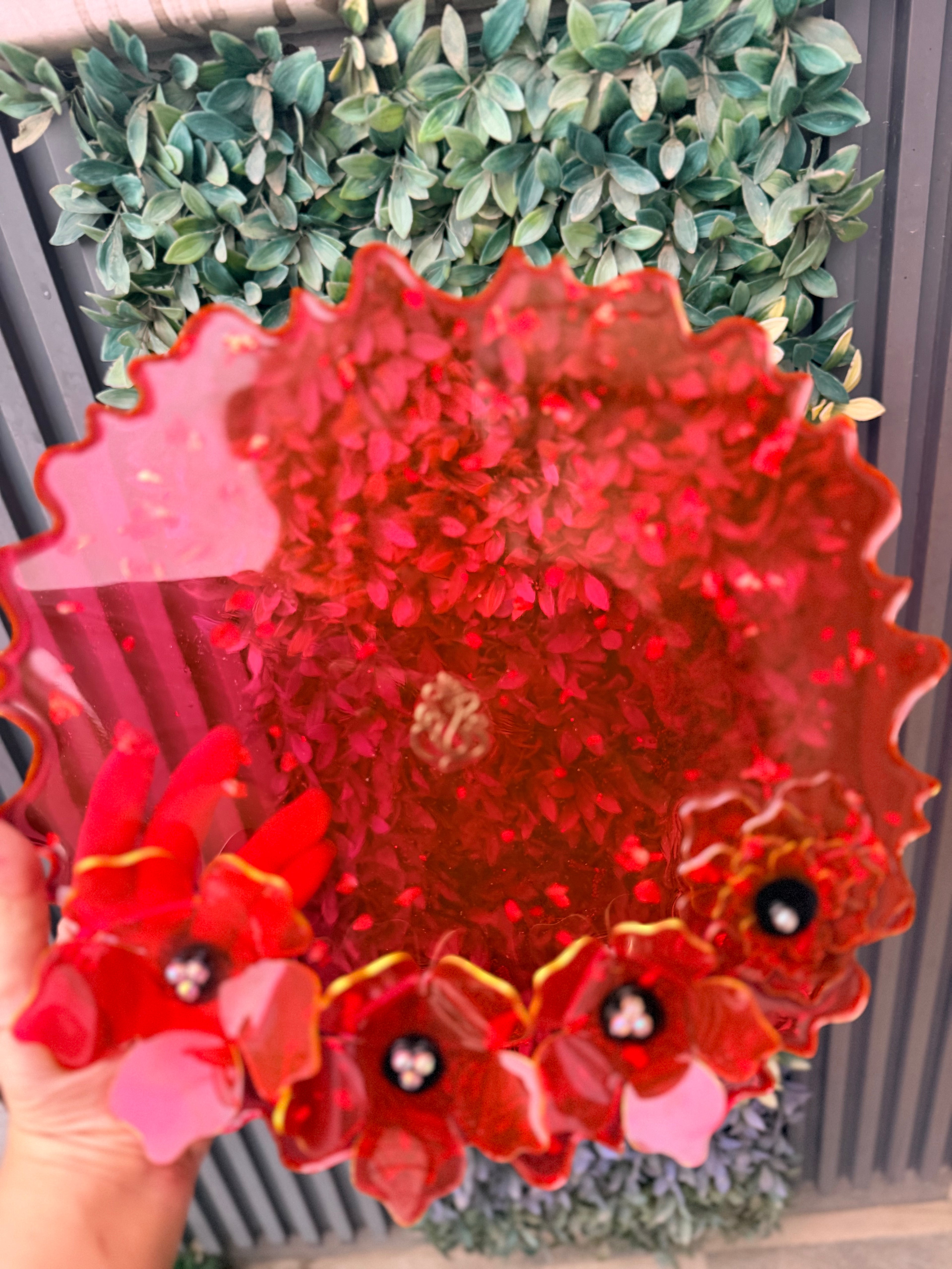 Red Resin Pooja plate with 3-D flowers