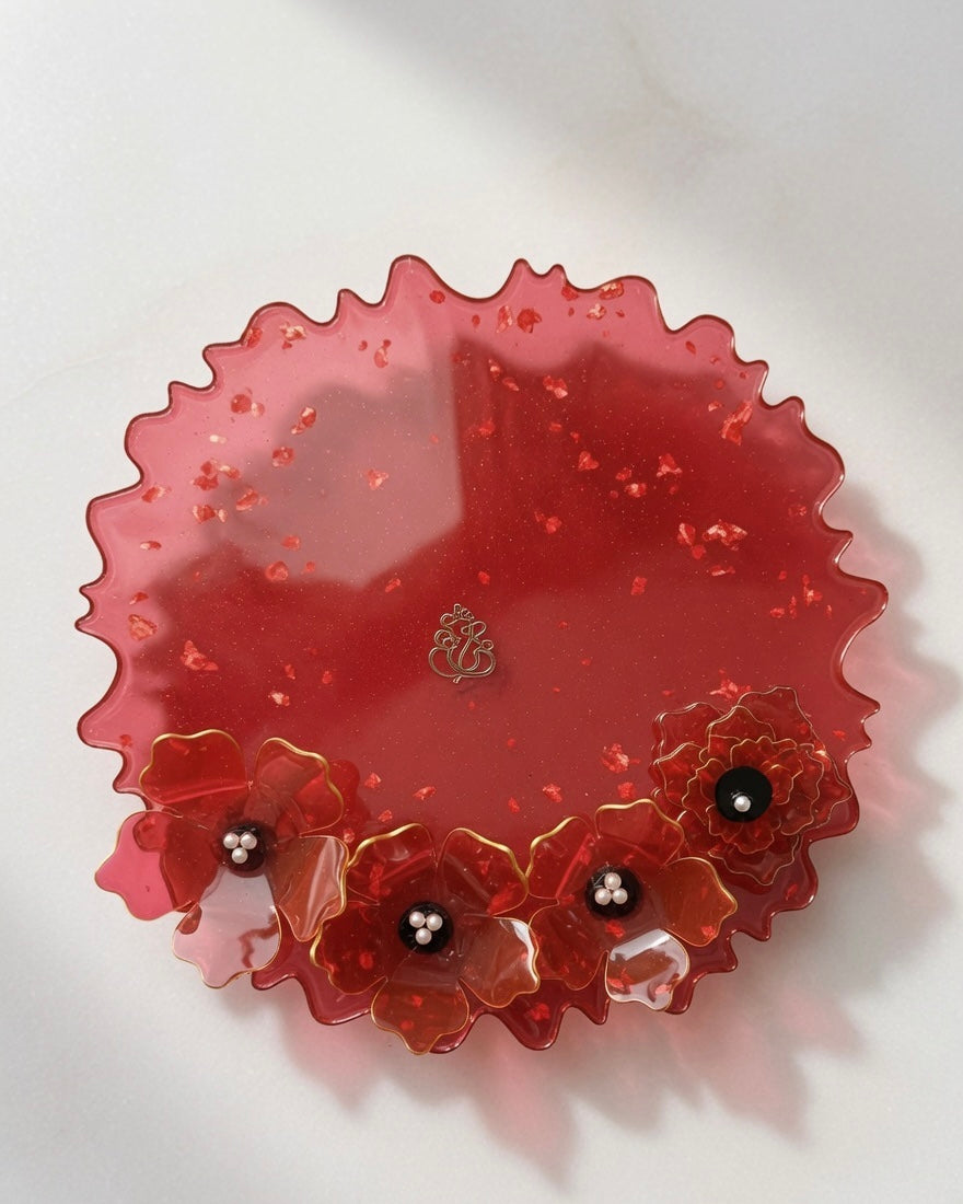 Red Resin Pooja plate with 3-D flowers