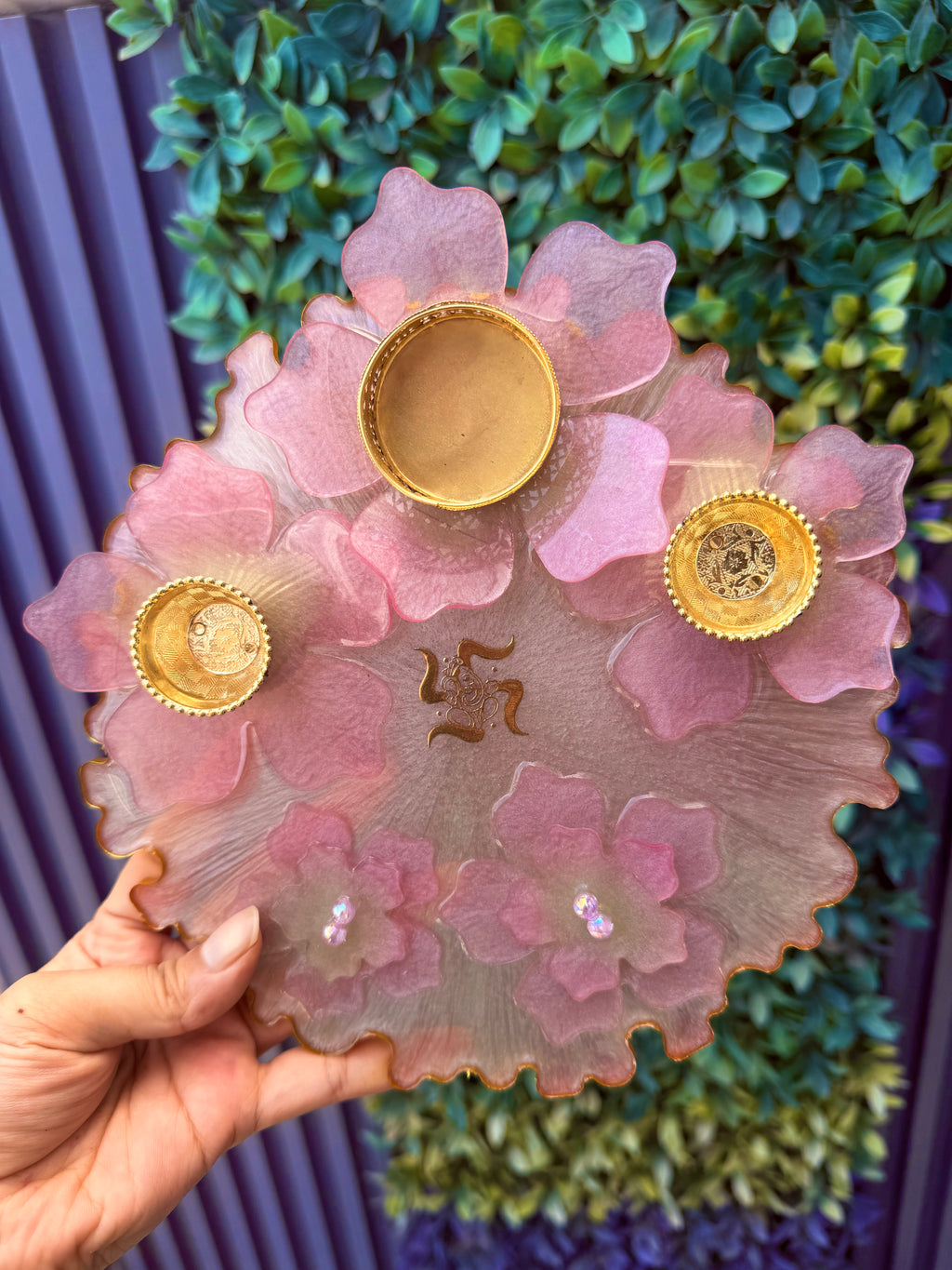 Resin Pooja Plate – Floral Design with Diya holders
