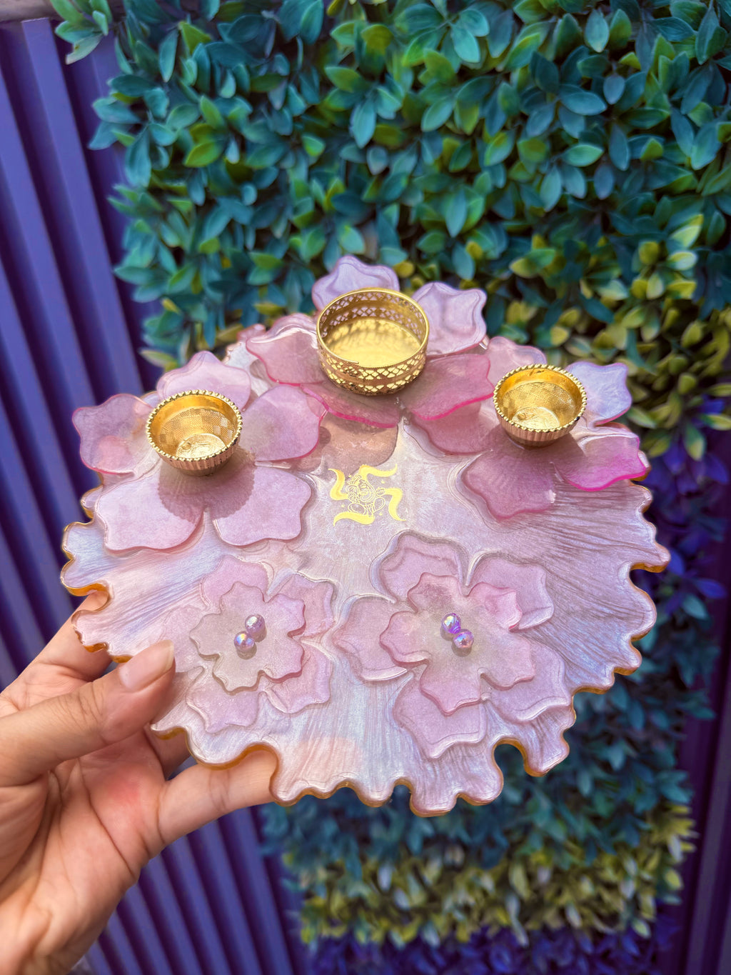 Resin Pooja Plate – Floral Design with Diya holders