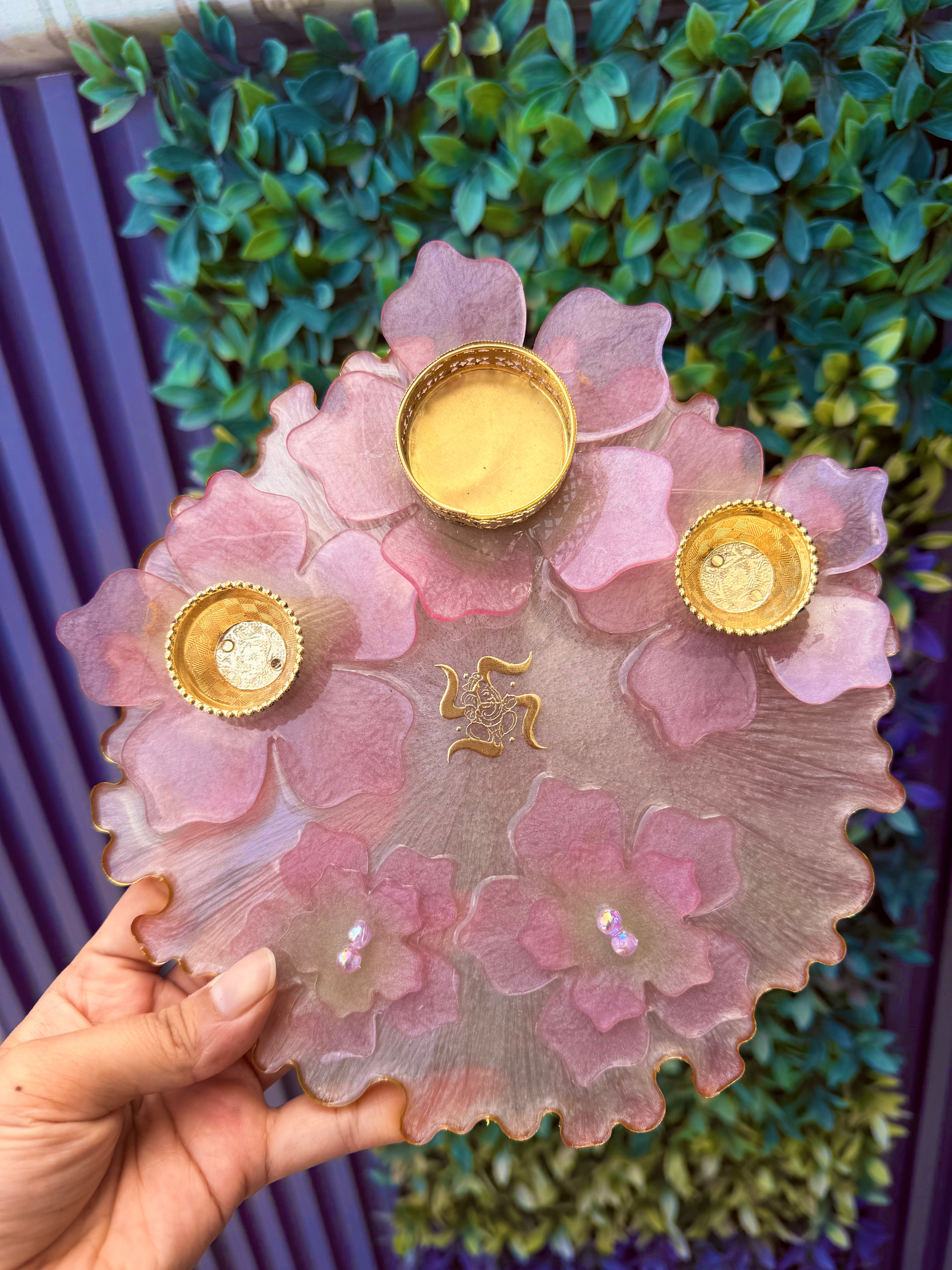Resin Pooja Plate – Floral Design with Diya holders