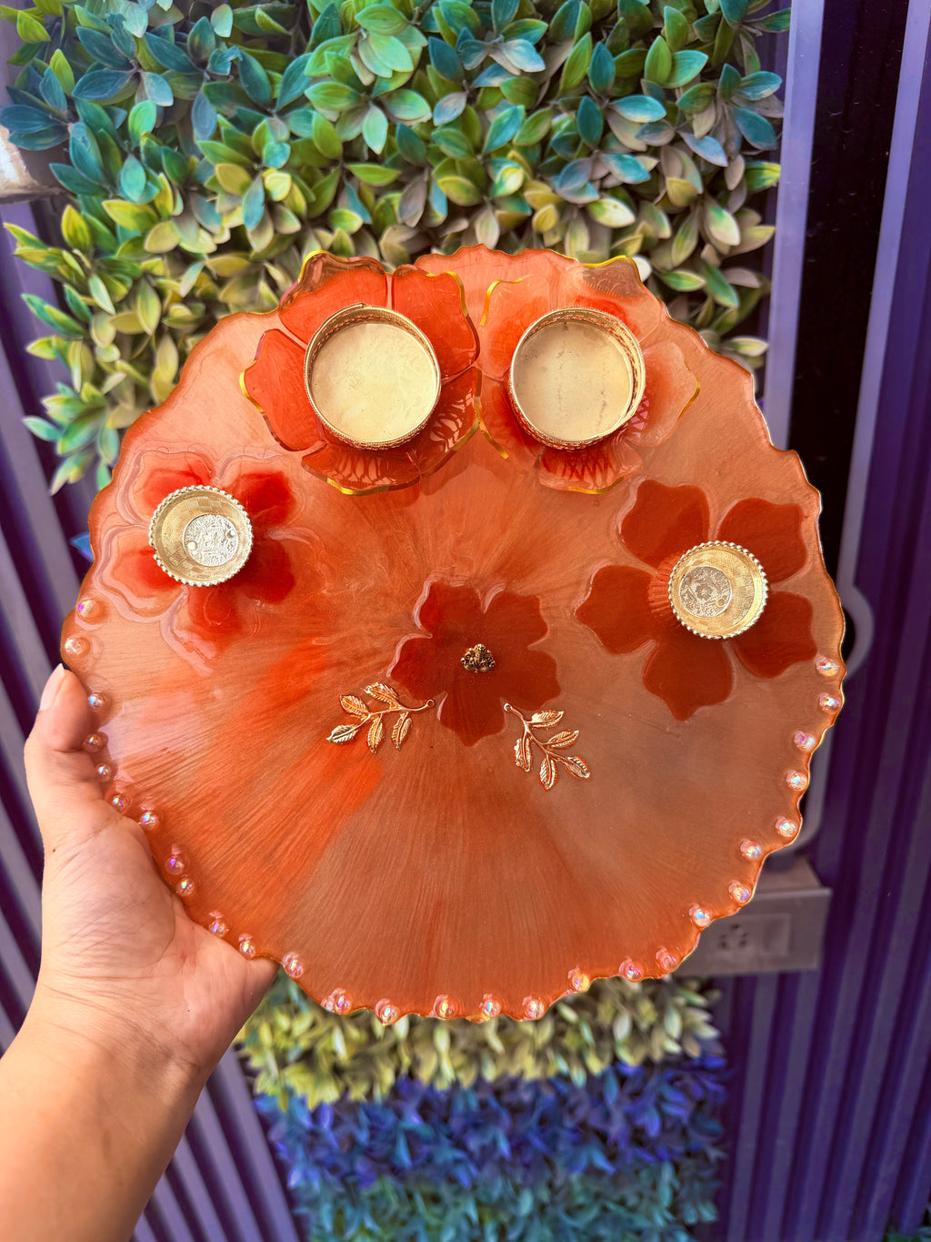 Resin Pooja Plate – Floral Design with Diya holders