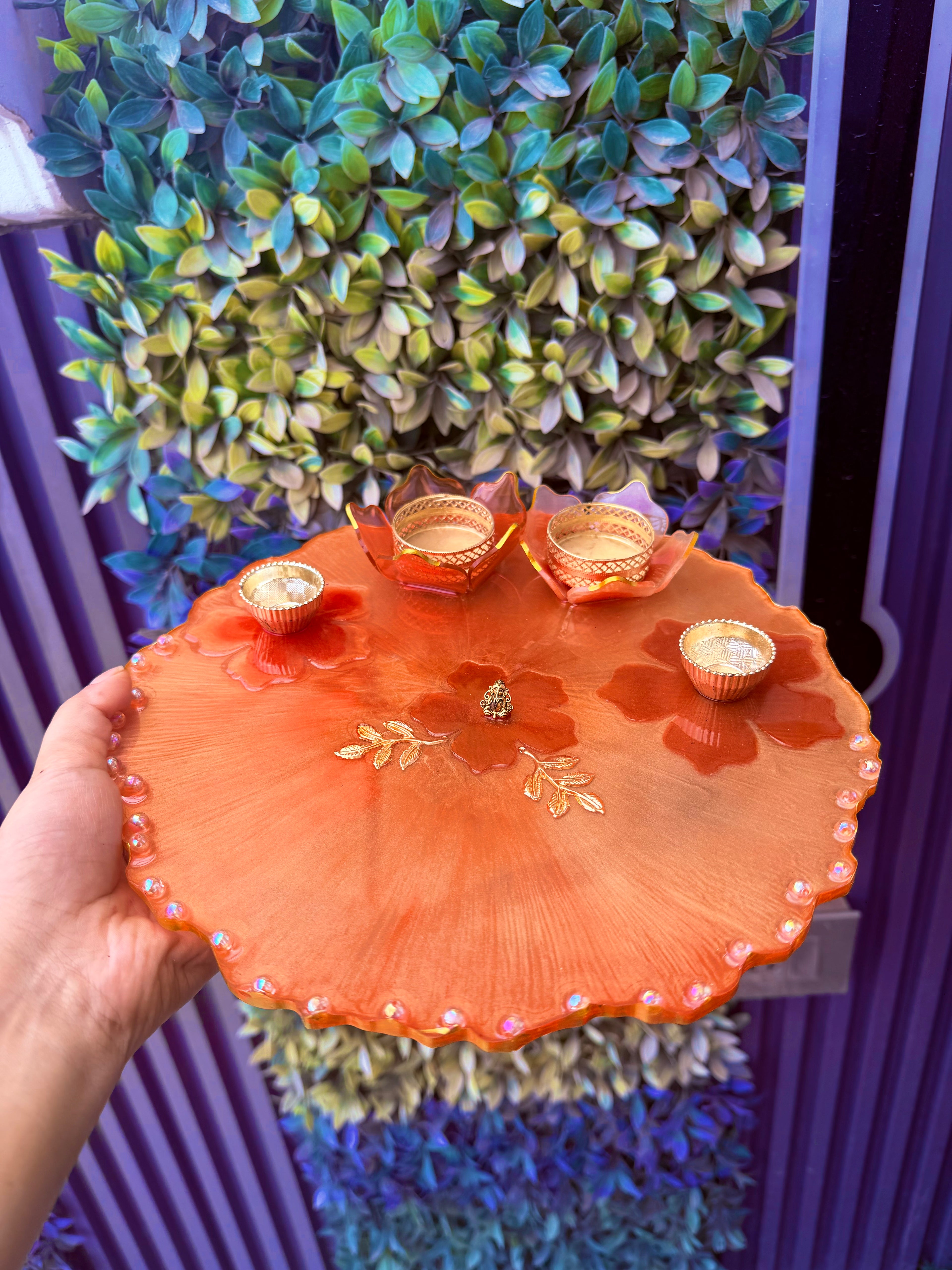 Resin Pooja Plate – Floral Design with Diya holders