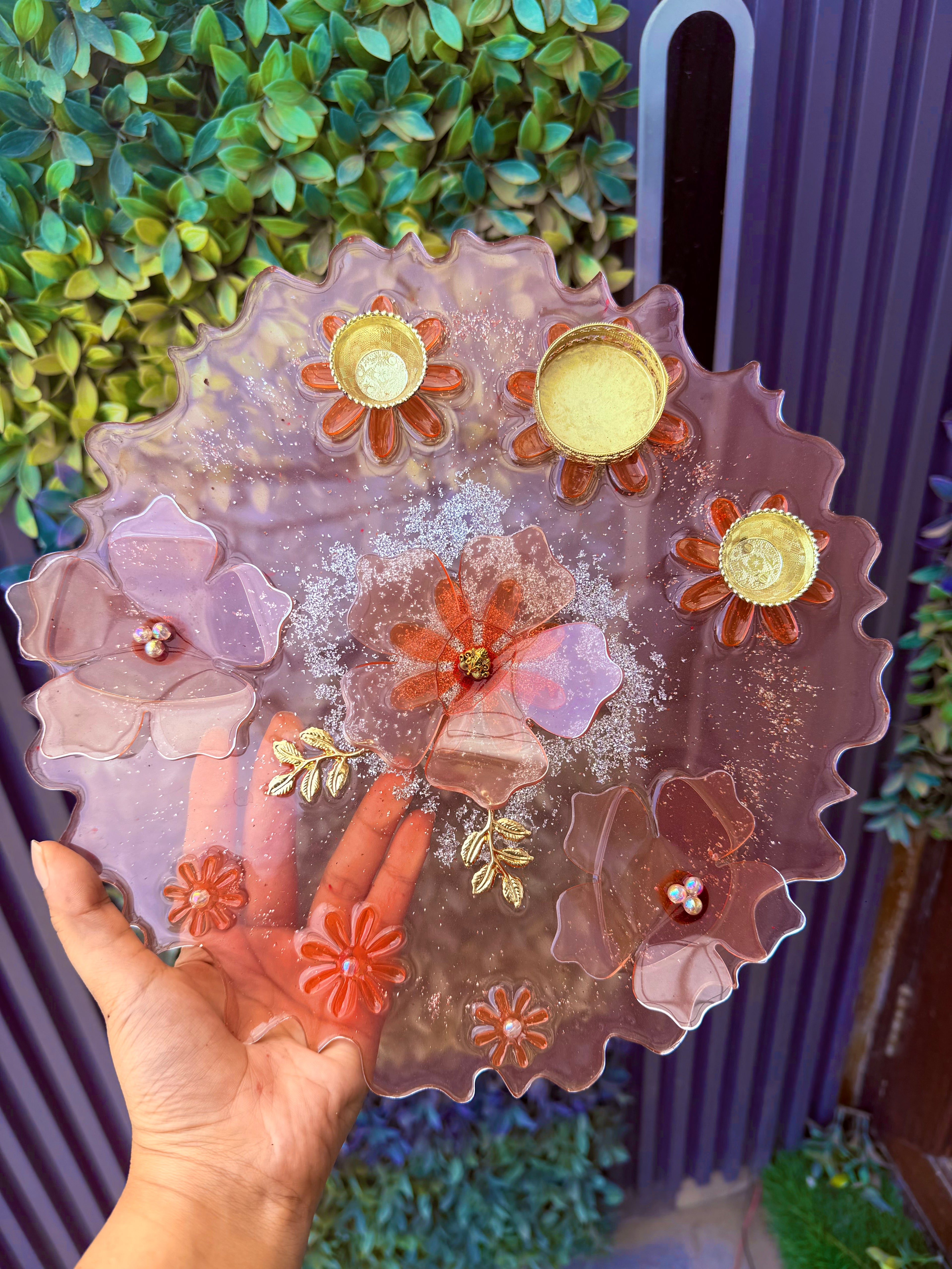Resin Pooja Plate – Floral Design with Diya Holders