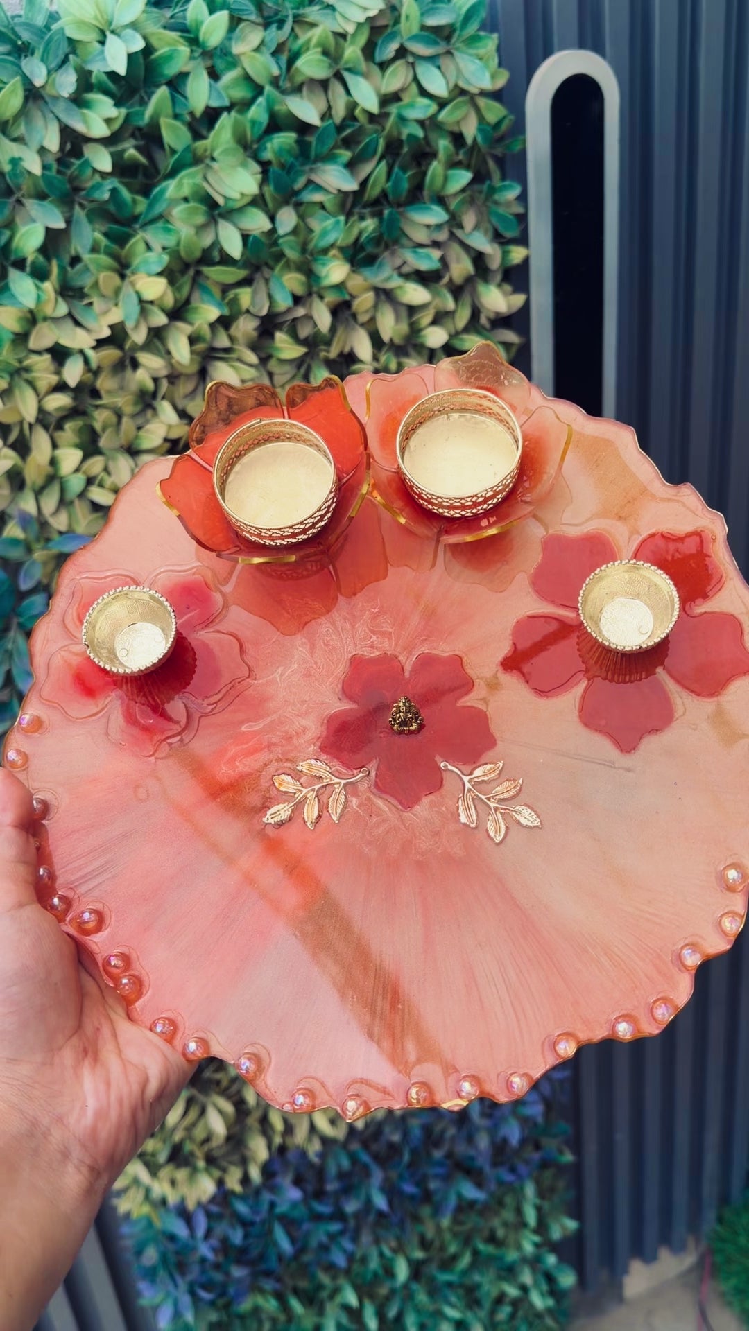 Resin Pooja Plate – Floral Design with Diya holders