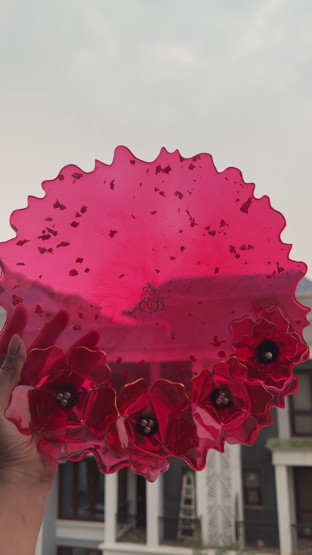 Red Resin Pooja plate with 3-D flowers