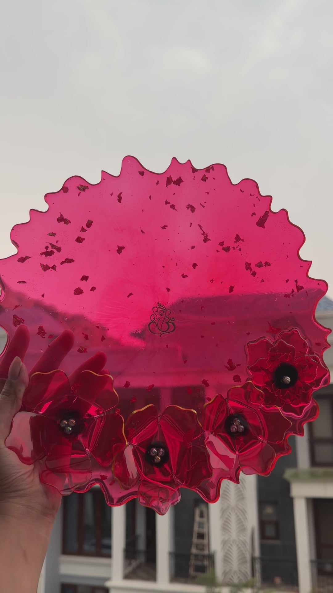 Red Resin Pooja plate with 3-D flowers