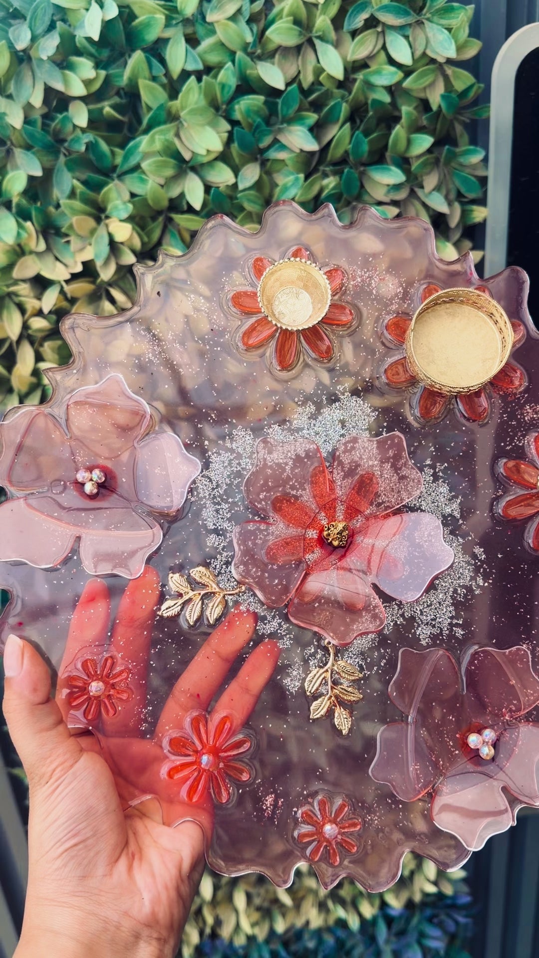 Resin Pooja Plate – Floral Design with Diya Holders