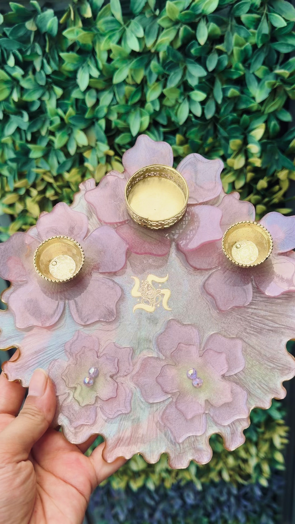Resin Pooja Plate – Floral Design with Diya holders