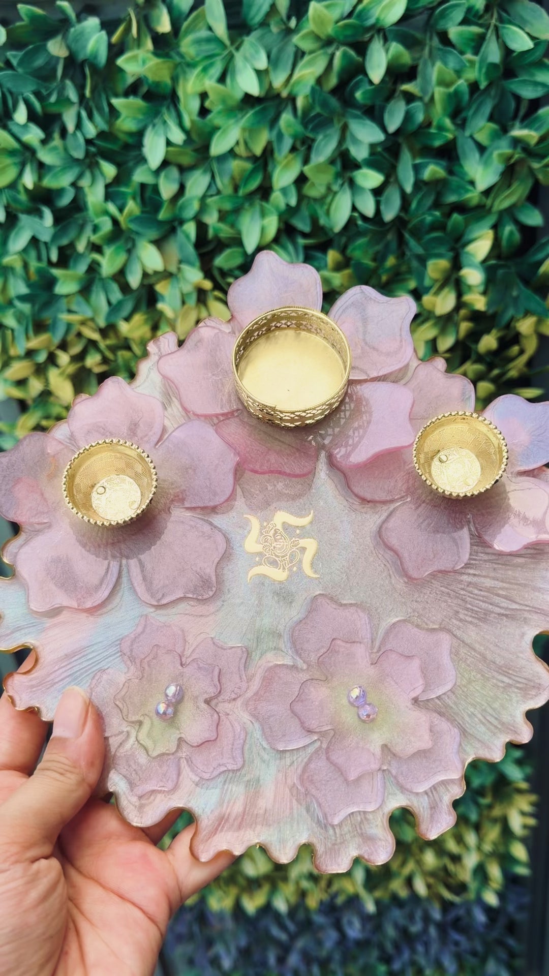 Resin Pooja Plate – Floral Design with Diya holders